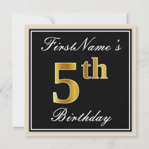 Elegant, zwart, Faux Gold 5th Birthday + naam Kaart