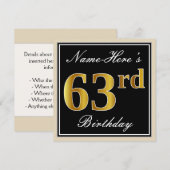 Elegant, zwart, Faux Gold 63rd Birthday + naam Kaart (Voorkant / Achterkant)