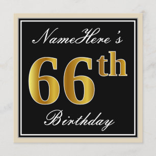Elegant, zwart, Faux Gold 66th Birthday + naam Kaart