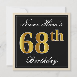 Elegant, zwart, Faux Gold 68th Birthday + naam Kaart