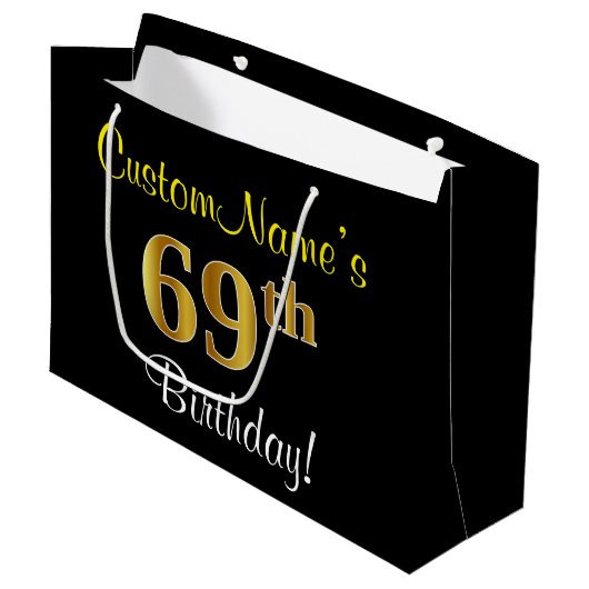 Elegant, zwart, Faux Gold 69th Birthday + naam Groot Cadeauzakje (Voorkant Gekanteld)