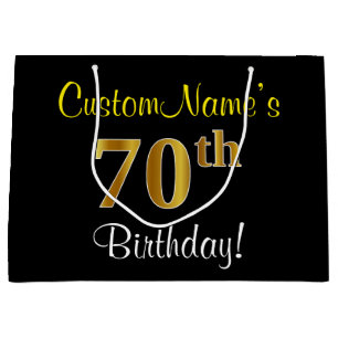 Elegant, zwart, Faux Gold 70th Birthday + naam Large Cadeauzakje