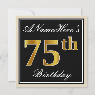 Elegant, zwart, Faux Gold 75th Birthday + naam Kaart