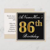 Elegant, zwart, Faux Gold 86th Birthday + naam Kaart (Voorkant / Achterkant)