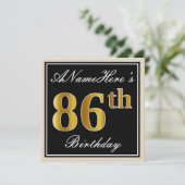 Elegant, zwart, Faux Gold 86th Birthday + naam Kaart (Staand voorkant)
