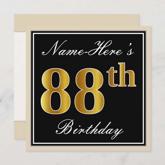 Elegant, zwart, Faux Gold 88th Birthday + naam Kaart (Voorkant / Achterkant)