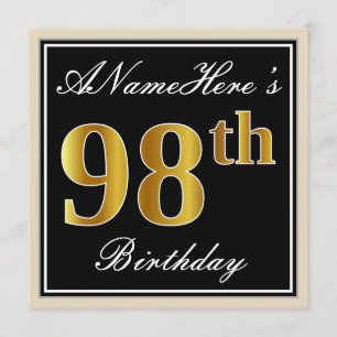 Elegant, zwart, Faux Gold 98th Birthday + naam Kaart
