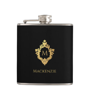Elegant zwart Faux Gold  Monogram in Crest Heupfles