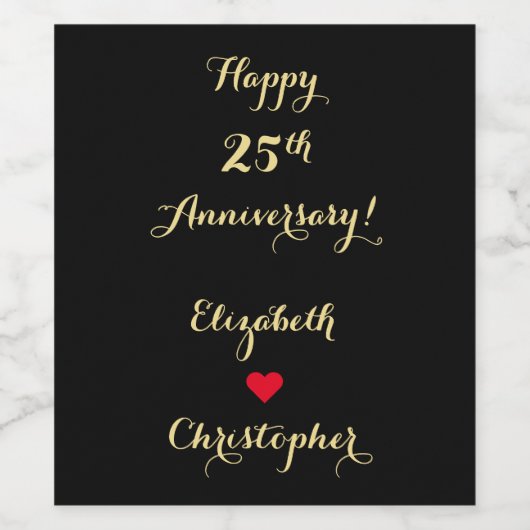 Elegant Zwart Faux Goud Script Bruiloft Jubileum Wijn Etiket (Enkel label)