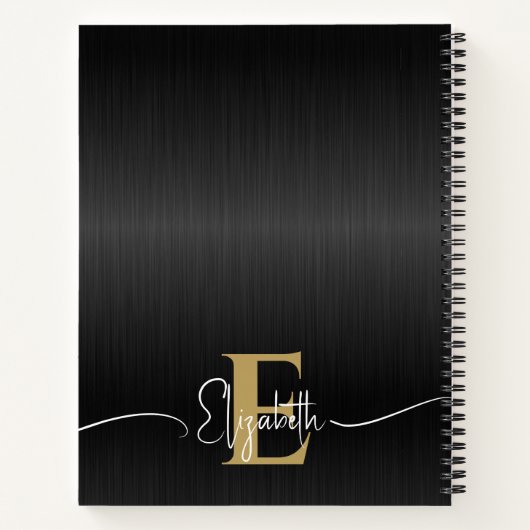 Elegant Zwart Geborsteld Metaal Goud Monogram Scri Notitieboek (Achterkant)