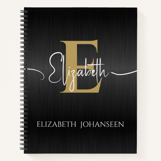 Elegant Zwart Geborsteld Metaal Goud Monogram Scri Notitieboek (Voorkant)
