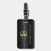 Elegant Zwart Geborsteld Metallic Goud Monogrammed Bagagelabel (Voorkant verticaal)