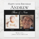 Elegant Zwart Gelukkig Verjaardag Toen en Nu Foto' Wijn Etiket (Enkel label)