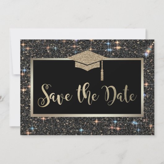 Elegant zwart glitter Afstuderen Save the Date (Voorkant)