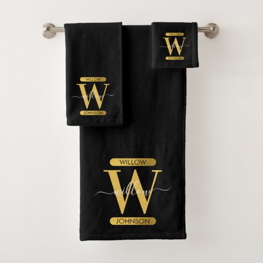 Elegant zwart & Gold Monogram modern script Bad Handdoek (Insitu)