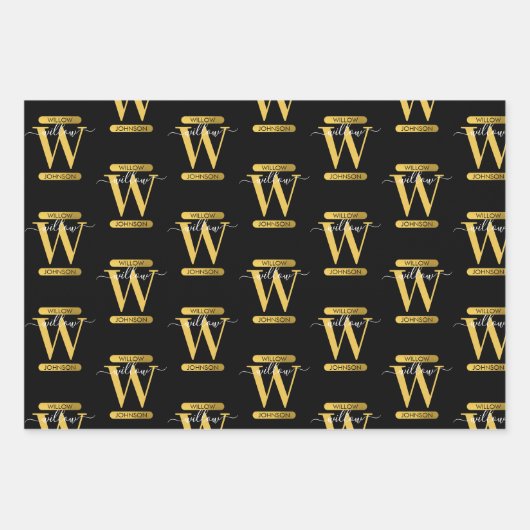 Elegant zwart & Gold Monogram modern script Inpakpapier Vel (Voorkant)