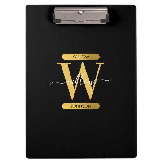 Elegant zwart & Gold Monogram modern script Klembord (Voorkant)