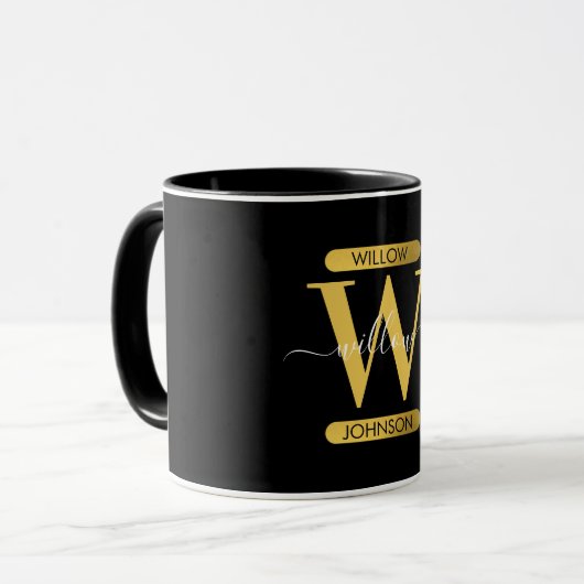 Elegant zwart & Gold Monogram modern script Mok (Voorkant links)