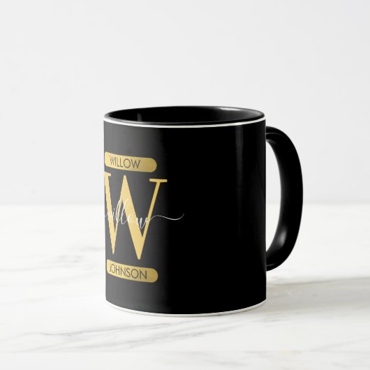 Elegant zwart & Gold Monogram modern script Mok (Voorkant rechts)