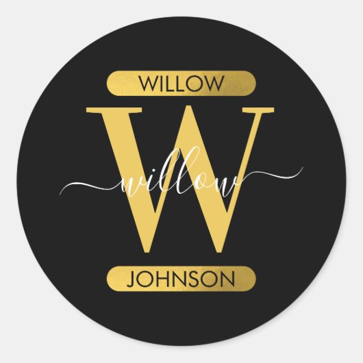 Elegant zwart & Gold Monogram modern script Ronde Sticker (Voorkant)