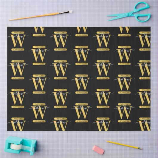 Elegant zwart & Gold Monogram modern script Tissuepapier (Craft)