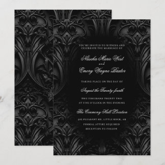 Elegant Zwart Gotisch Damast Moody Bruiloft Kaart