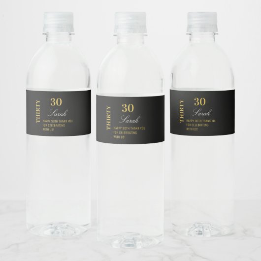 Elegant Zwart Goud 30e Verjaardag Dank u Custom Waterfles Etiket (Flessen)