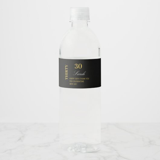 Elegant Zwart Goud 30e Verjaardag Dank u Custom Waterfles Etiket (Voorkant)