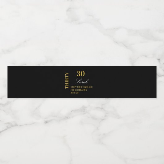 Elegant Zwart Goud 30e Verjaardag Dank u Custom Waterfles Etiket (Enkel label)
