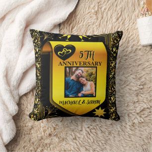Elegant Zwart & Goud 5e bruiloft Jubileum Gift Kussen