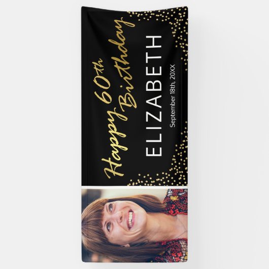 Elegant Zwart Goud 60e Verjaardag Afbeelding Spandoek (Verticaal)