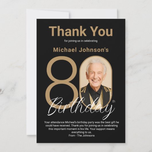 Elegant Zwart Goud 80e Verjaardag Bedankkaart (Voorkant)