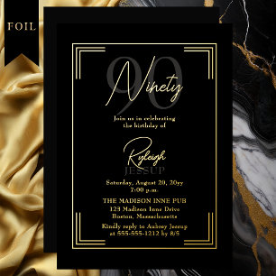 Elegant Zwart Goud 90ste Verjaardag Art Deco Feest Folie Uitnodiging