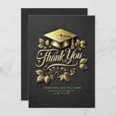 Elegant Zwart Goud Afstudeerder Pet Leaf Afstudere Bedankkaart (Voorkant / Achterkant)