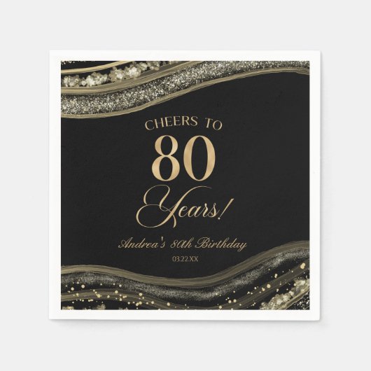 Elegant zwart goud agaat 80ste verjaardag partij servet (Voorkant)