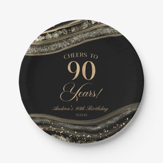 Elegant zwart goud agaat 90ste verjaardagsfeest papieren bordje (Voorkant)
