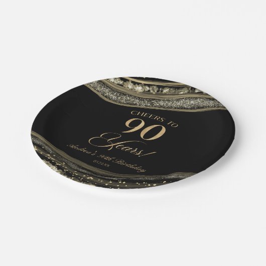 Elegant zwart goud agaat 90ste verjaardagsfeest papieren bordje (Gekanteld)