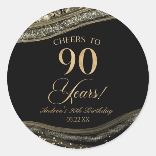 Elegant zwart goud agaat 90ste verjaardagsfeest ronde sticker (Voorkant)