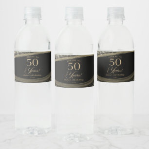 Elegant Zwart Goud Agate 50ste Verjaardagsfeestje Waterfles Etiket