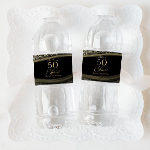 Elegant Zwart Goud Agate 50ste Verjaardagsfeestje Waterfles Etiket