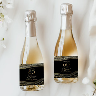 Elegant Zwart Goud Agate 60ste Verjaardagsfeest Sparkling Wijnetiket