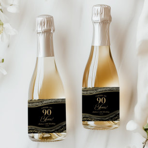 Elegant Zwart Goud Agate 90ste Verjaardagsfeest Sparkling Wijnetiket