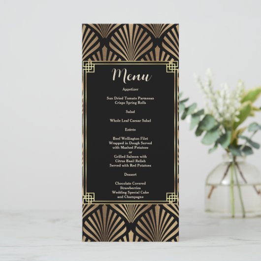 Elegant Zwart Goud Art Deco 1920s Bruiloft Menu (Staand voorkant)