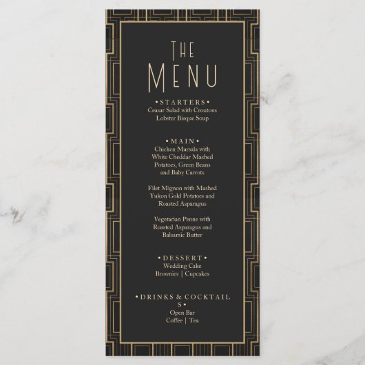Elegant Zwart & Goud Art Deco Gatsby Bruiloft Menu (Voorkant)