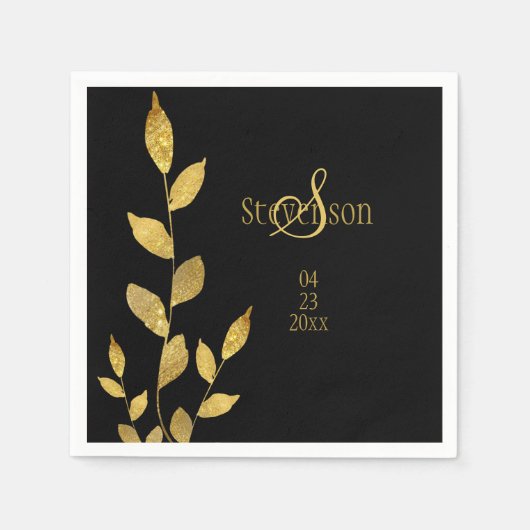 Elegant zwart goud blad modern monogram bruiloft servet (Voorkant)