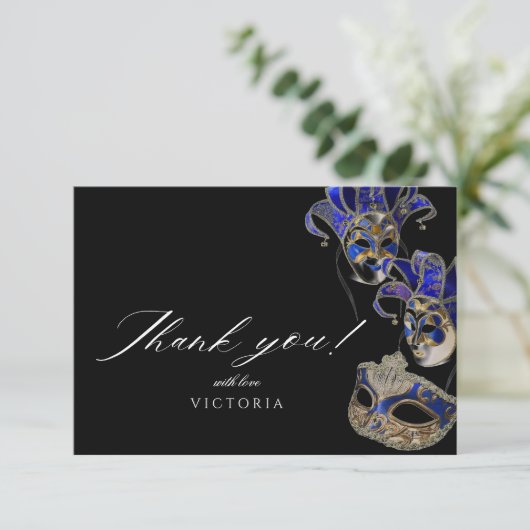 Elegant Zwart Goud Blauw Masquerade Party Verjaard Bedankkaart (Staand voorkant)