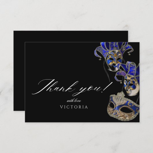 Elegant Zwart Goud Blauw Masquerade Party Verjaard Bedankkaart (Voorkant / Achterkant)