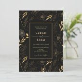 Elegant Zwart Goud Bloemen Luxe Romantisch Bruilof Kaart (Staand voorkant)