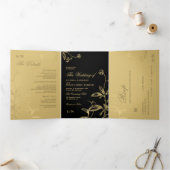 Elegant zwart goud bloemenbruiloft RSVP details Drieluik Uitnodiging (Binnen)