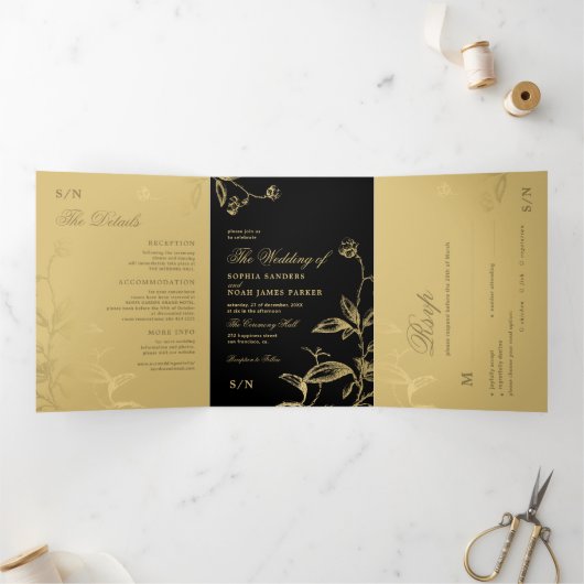 Elegant zwart goud bloemenbruiloft RSVP details Drieluik Uitnodiging (Binnen)